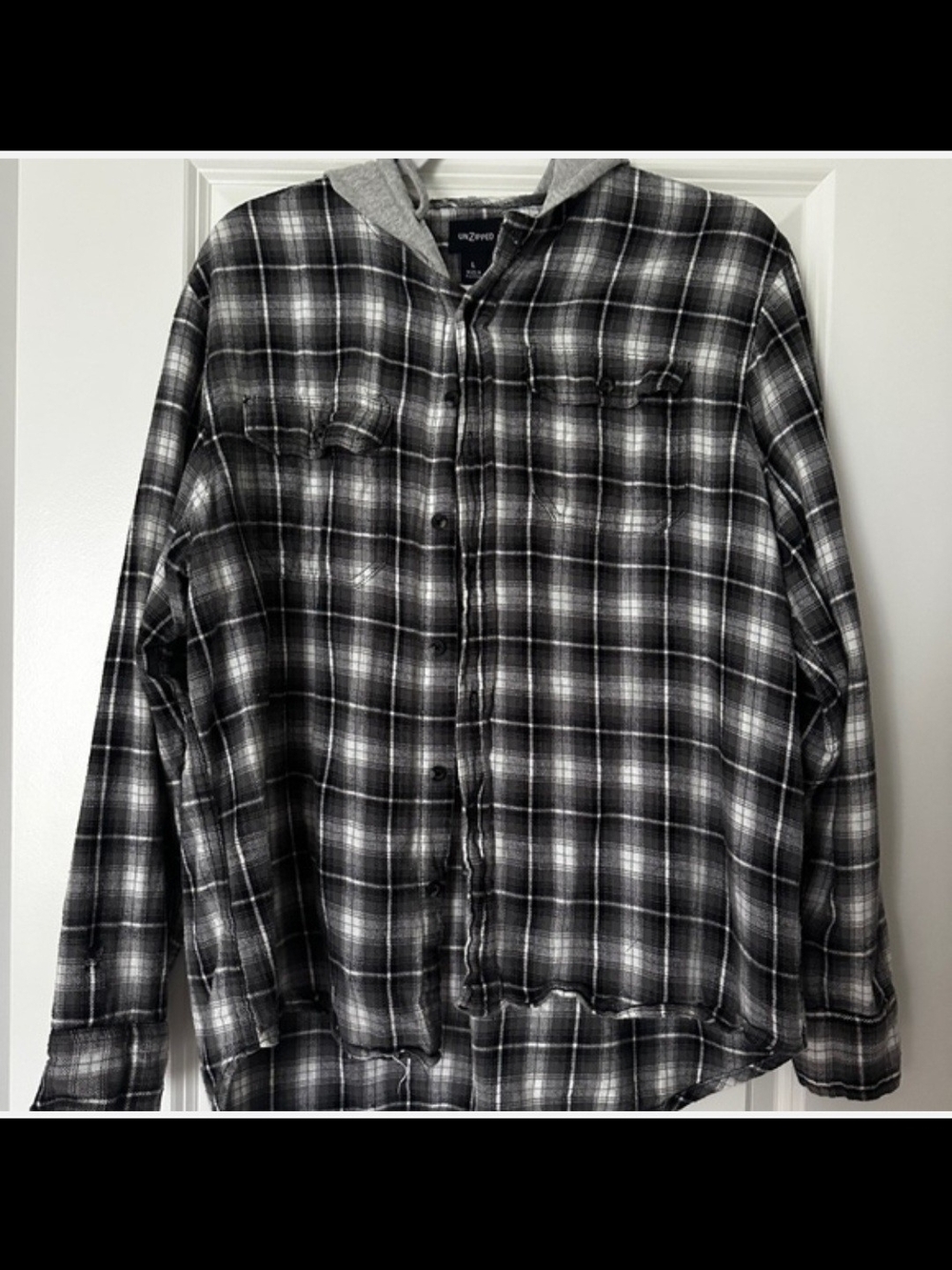 Men's Black & White Plaid Hooded Flannel Shirt